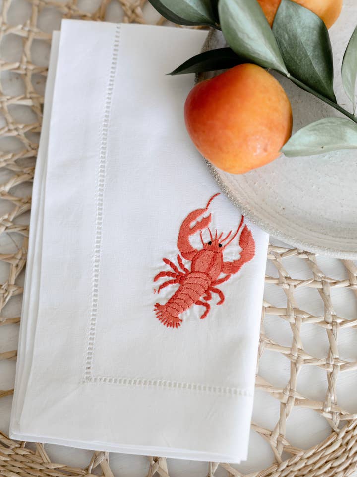 Organic Cotton Embroidered Lobster Mitered White Napkins for wholesale by Woven Stories