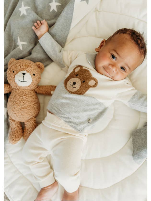 Heather Grey Cuddly Bear Applique Sweater Knit Collar Baby Pullover for wholesale on Faire1