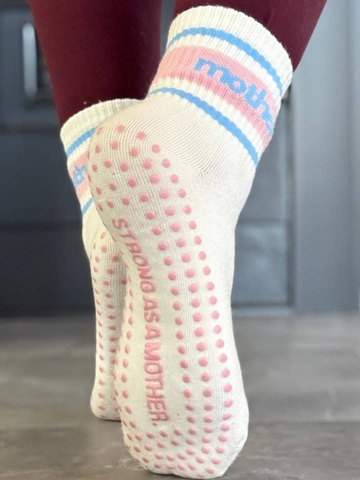 Blue Pink Throwback Half Crew Striped Grip Socks for wholesale on Faire