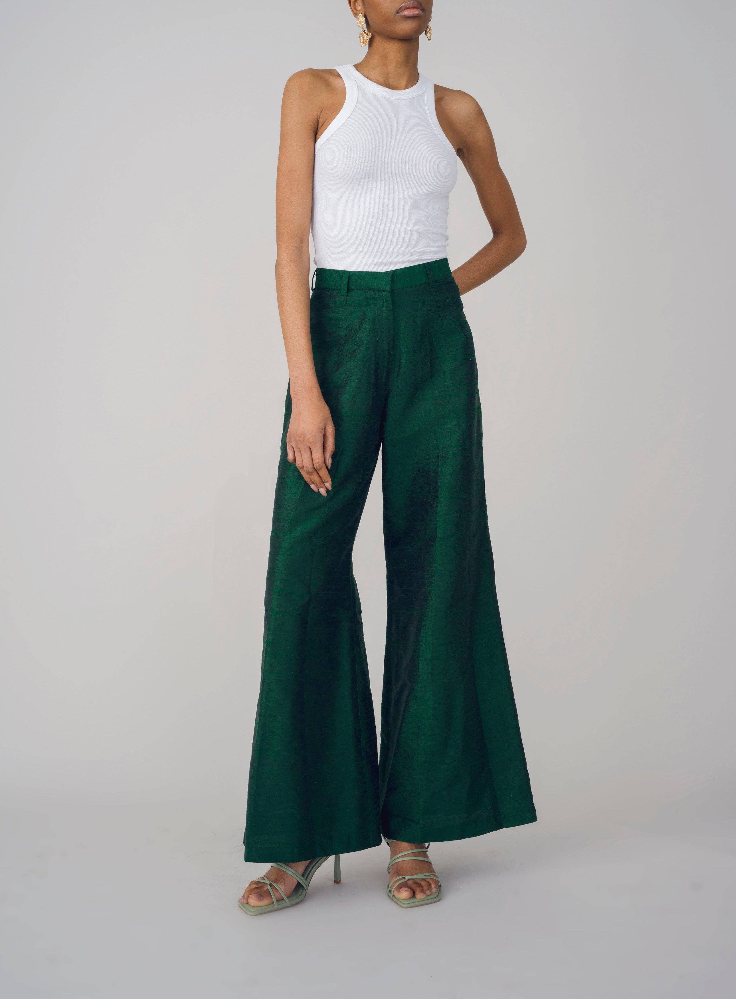 Green Isa Raw Silk Trousers for wholesale on Faire1