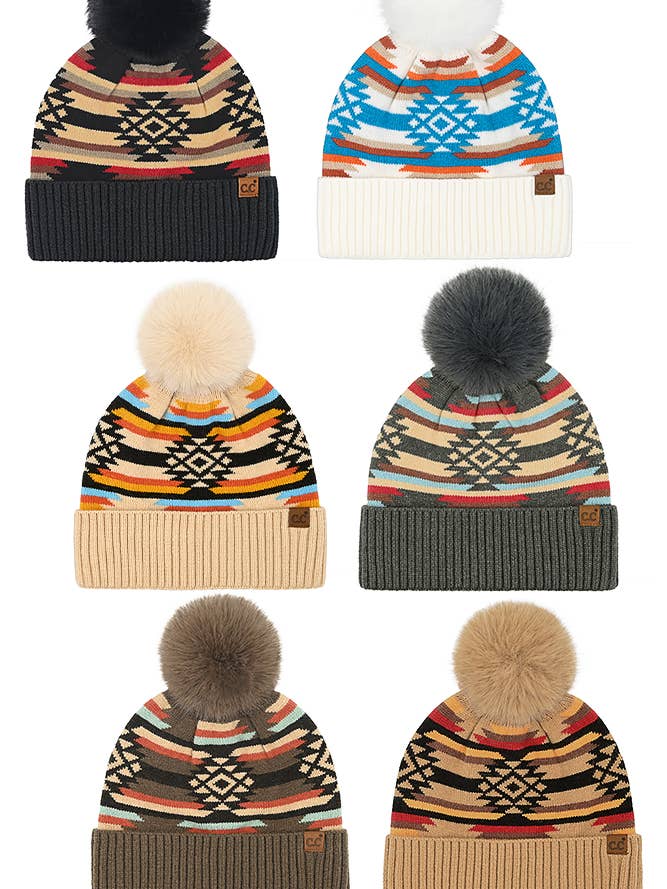 Gorro C.C. Aztec Pattern Pom Punho por atacado de Hana