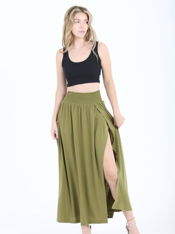 X6362-ASIS SMOCKED WAIST OVERLAP SLIT MAXI SKIRT for wholesale by ANGIE