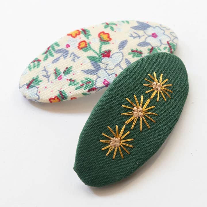 Oval Embroidered Floral Snap Hair Clips | Green for wholesale by Tangle Shiny Stars