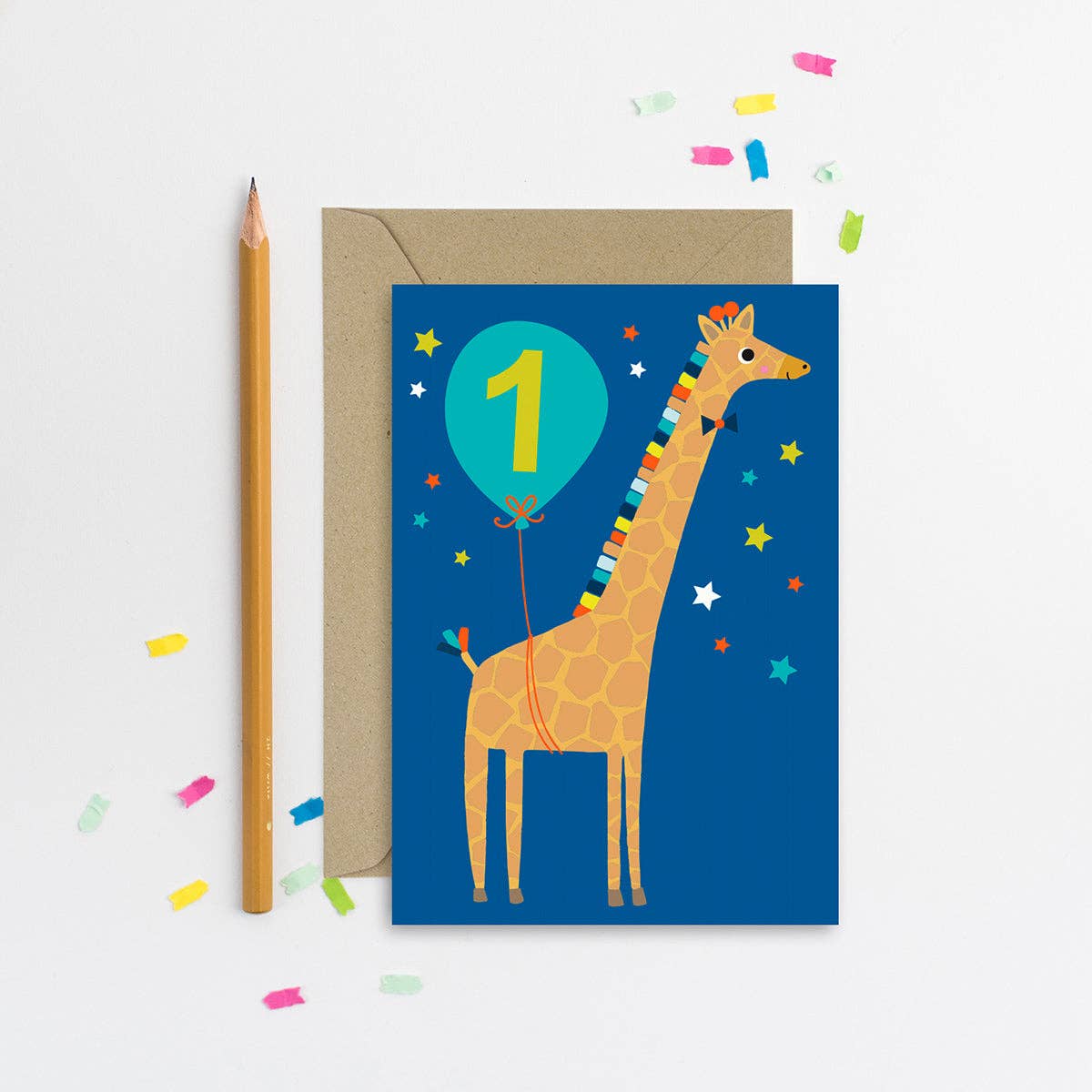 Mifkins - Wholesale Birthday Card - Joyful Giraffe 1st Birthday Card | Blue Animal Theme Fun1
