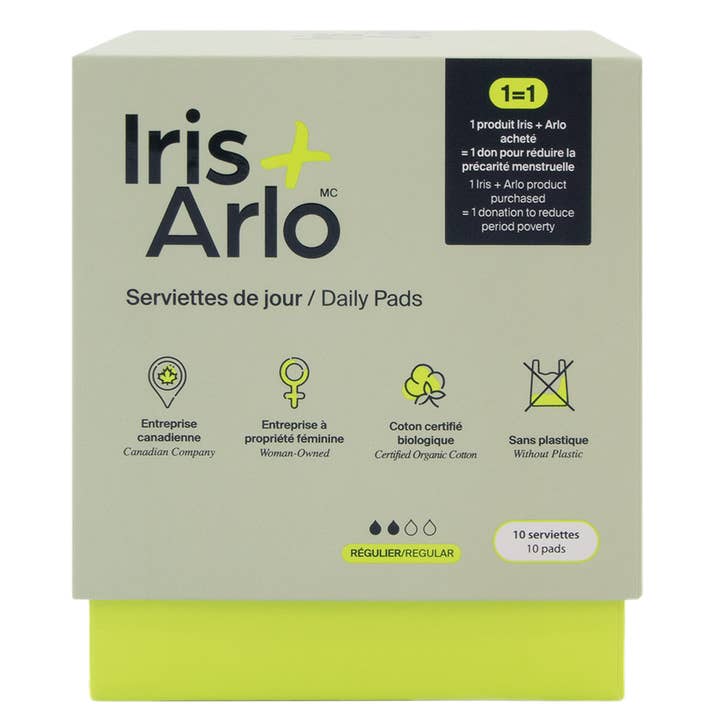 Iris + Arlo - Wholesale Menstrual Pad/Liner - Pads: 100% Organic Cotton Daily Pads (box of 10)