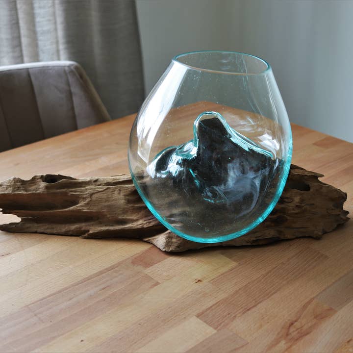 Cohasset Gifts - Wholesale Sculpture - 20” Long Teak Wood & Molten Glass Sculpture1