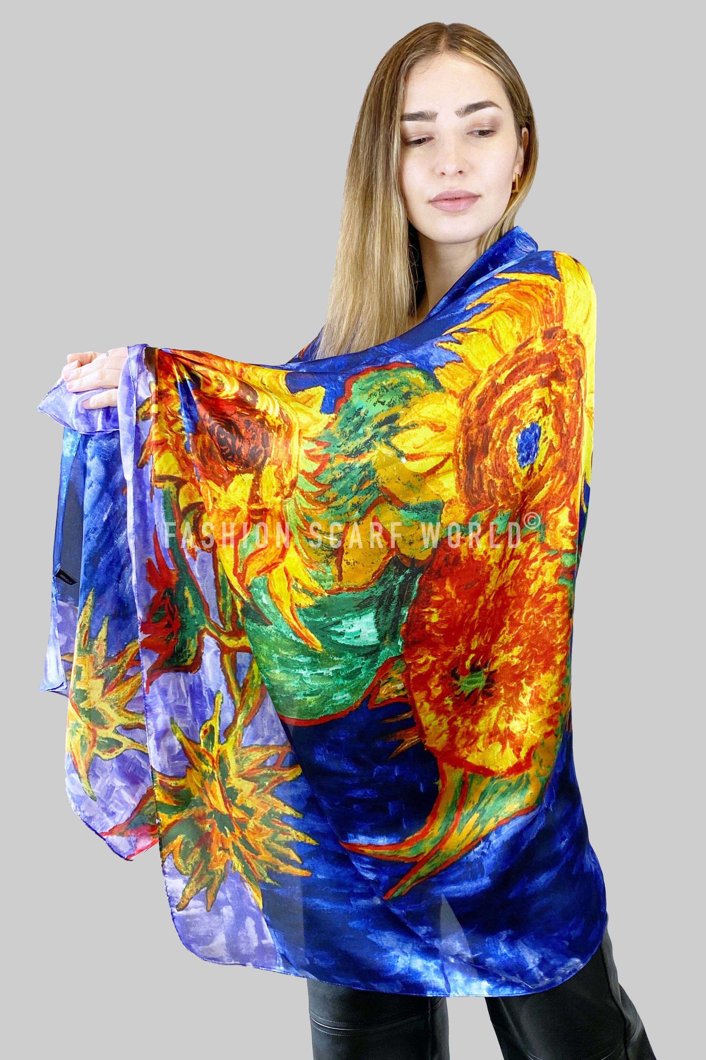 Fashion Scarf World - Wholesale Scarf - Women's - Van Gogh Six Sunflowers Print Silk Scarf