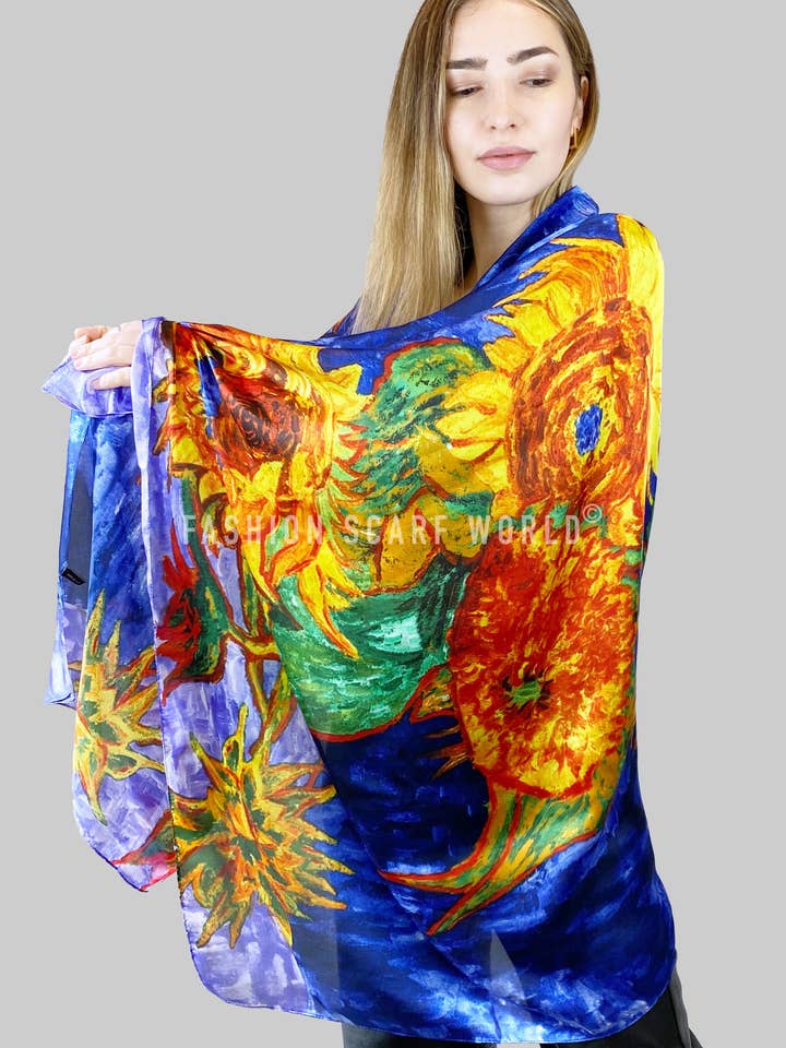 Van Gogh Six Sunflowers Print Silk Scarf for wholesale by Fashion Scarf World