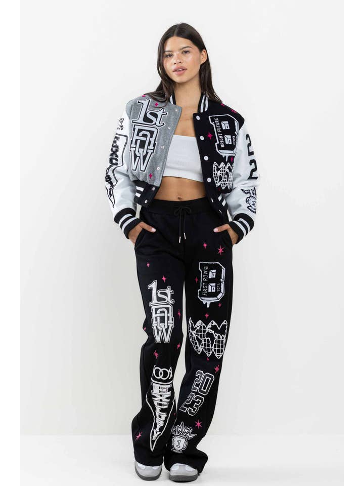 BLACK BRIGHT FUTURE CROPPED VARSITY JACKET for wholesale on Faire4