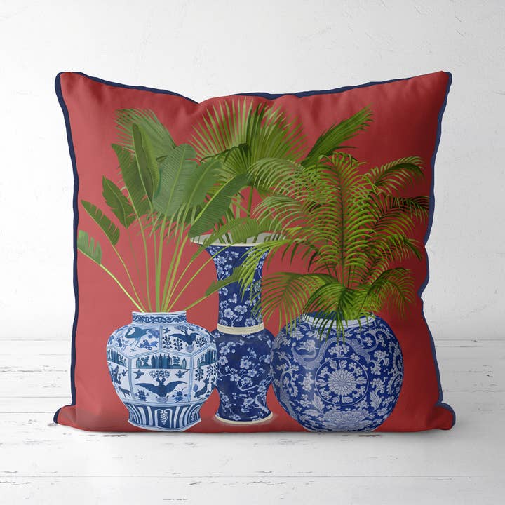 FabFunky Ltd - Wholesale Throw/Decorative Pillow - Chinoiserie Vase Trio 4 Green Palm leaf pillow patio cushion1