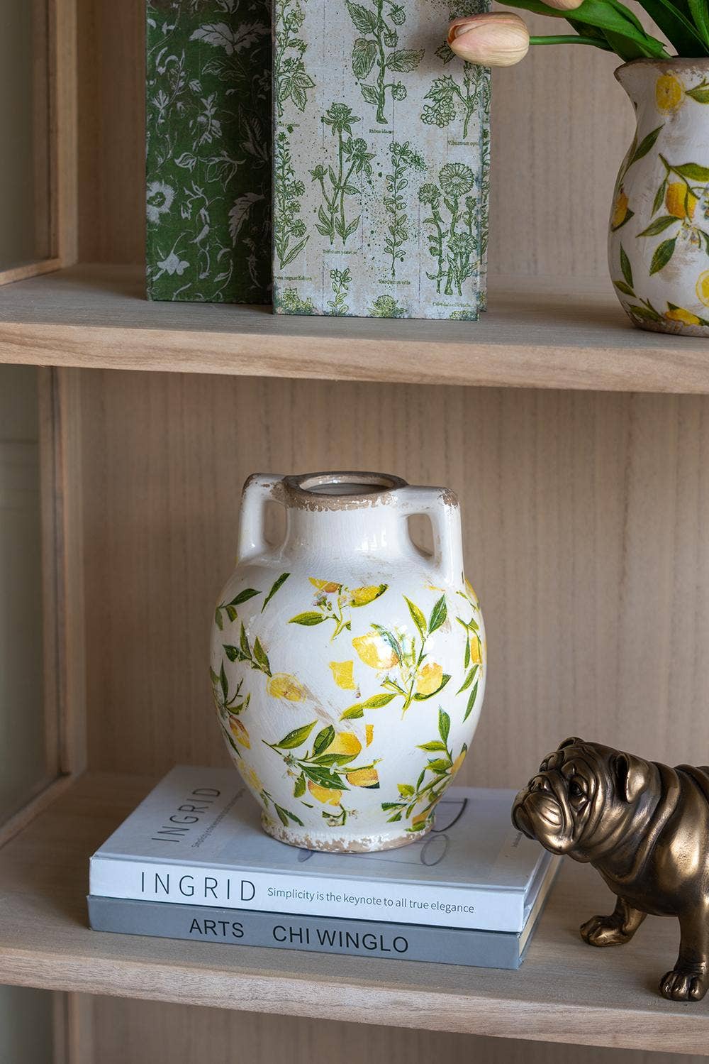 A&B Home Group Inc. - Wholesale Vase - 6.7x6.7x8.7" White Ceramic Vase w/ Lemon Motif Small Handles0