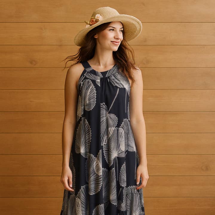 Muumuu Rainbow / DBA Princess Kaiulani Fashions - Wholesale Dress - Women's - Halter Neck Luxury Resort Dress with Hawaiian Loulu Palm4