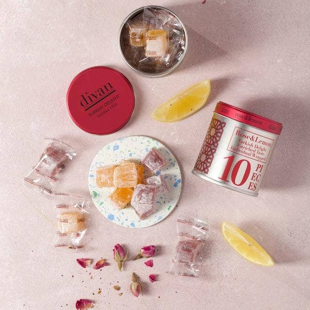 Divan Patisserie Uk - Wholesale Chocolate Box - Divan Luxury Turkish Delights - Rose & Lemon Tin Box, individually wrapped
