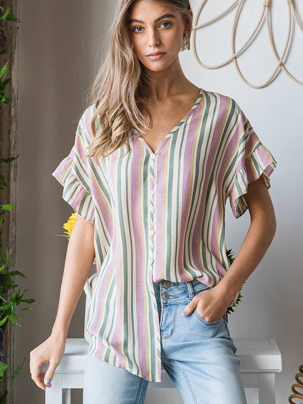 SLEEVE WITH RUFFLED MULTI COLOR STRIPE TOP for wholesale by Pink Irene Wholesale
