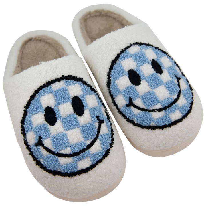 White Light Blue Checkered Pattern Happy Face Slippers for wholesale on Faire
