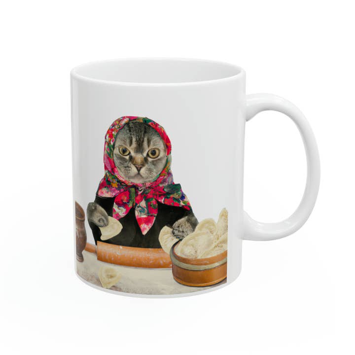 Babushka Cat - Wholesale Coffee Mug - Pierogi Making Babushka Cat Mug