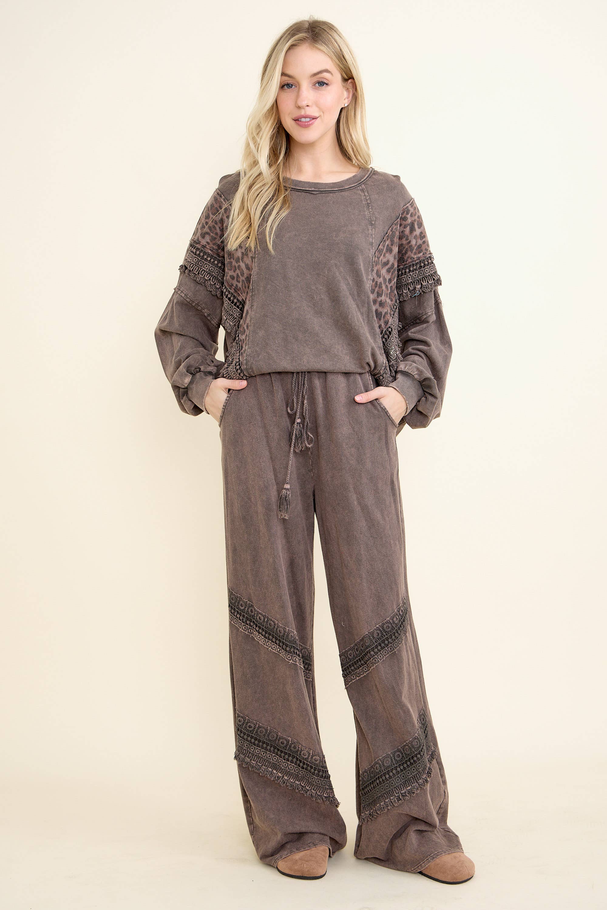 J.Her - Wholesale Blouse - Women's - Mineral Washed Cheetah Leopard Fringe tassel top HT67226