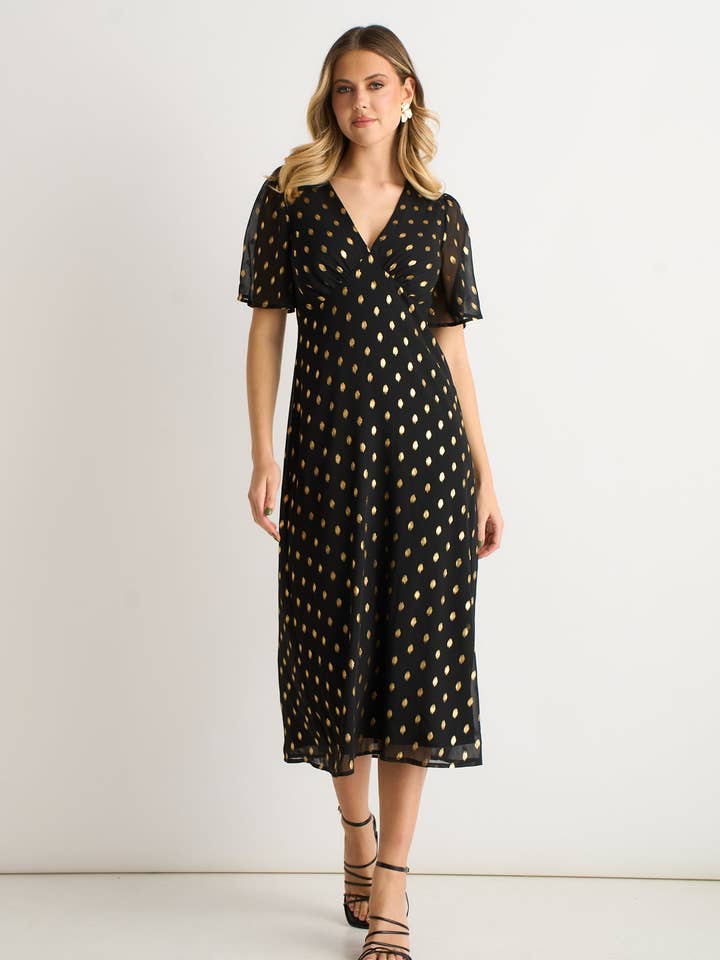 Black V Neck Foil Midi Skater Dress for wholesale by GINI LONDON