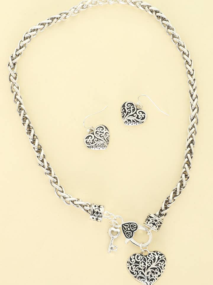 Filigree Heart and key Pendant Necklace Set for wholesale by SP Sophia Collection