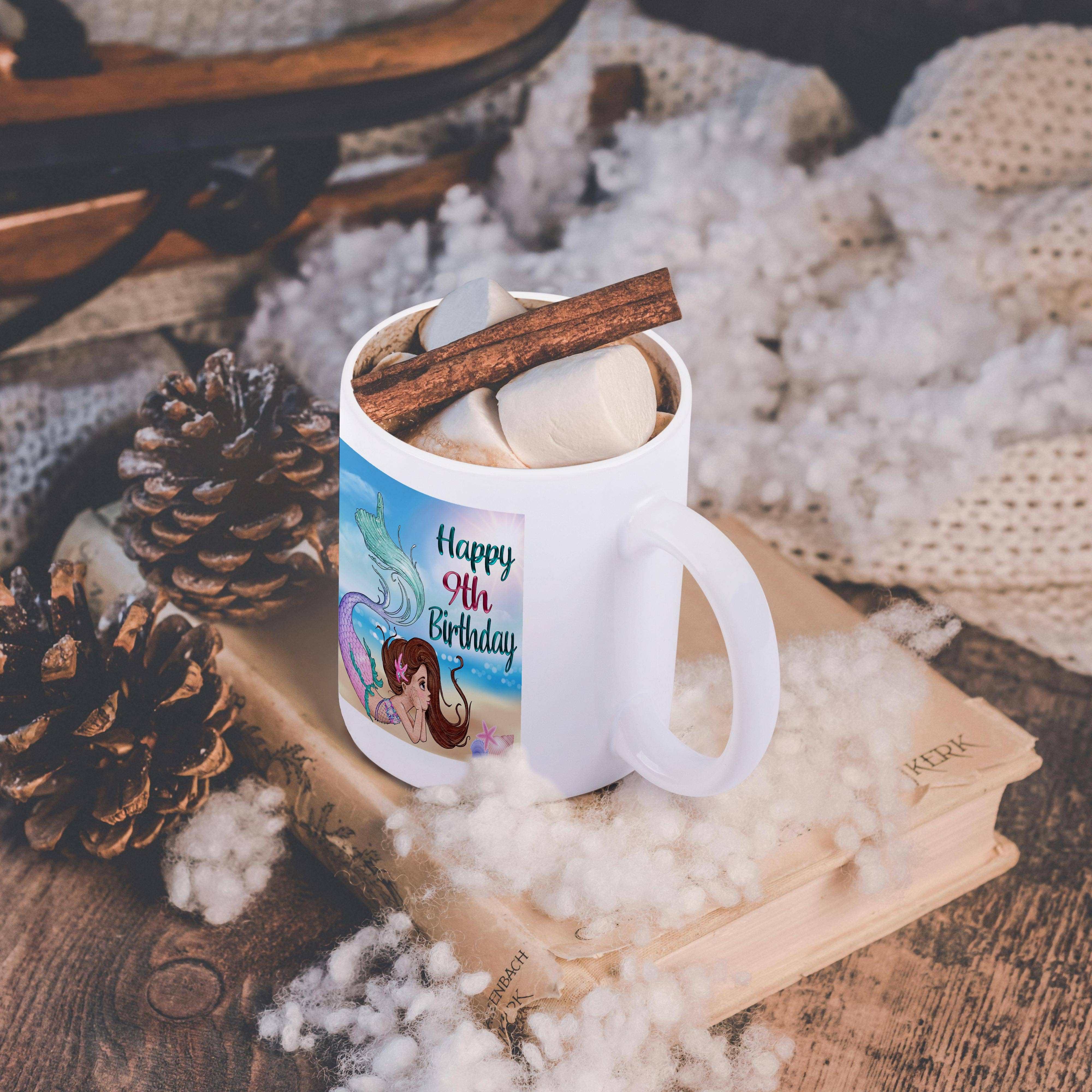 3dRose - Wholesale Coffee Mug - 3dRose, Happy 9th Birthday Pretty Brunette Mermaid On The Beach, Mug11