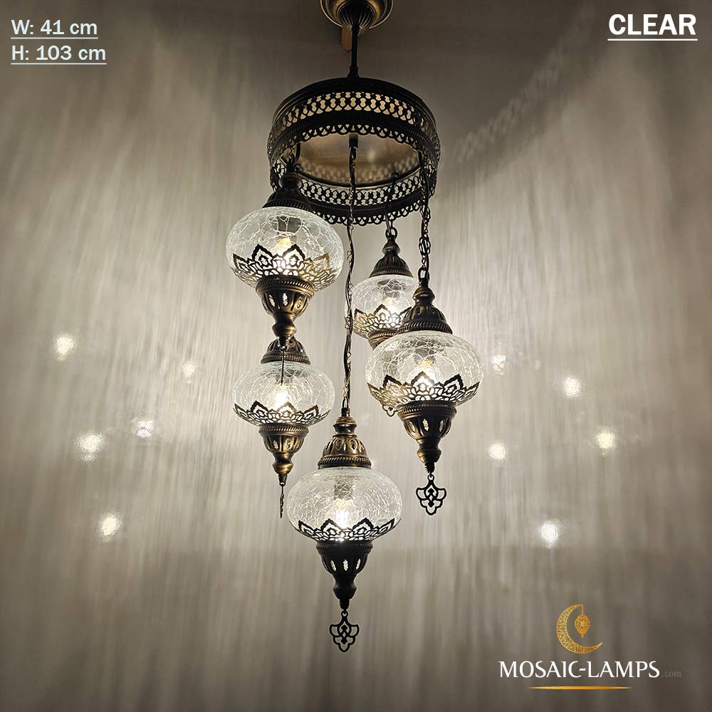 Mosaic Lamps – wholesale Chandelier/hanging light – Clear Cracked Ottoman Chandelier, 5 Globe Moroccan Chandelie0
