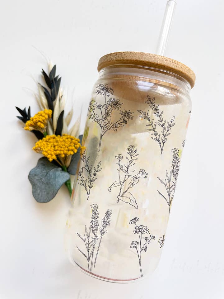 Black Line Drawing Floral Glass Can with Bamboo Lid & Straw for wholesale by Wilderness Grace