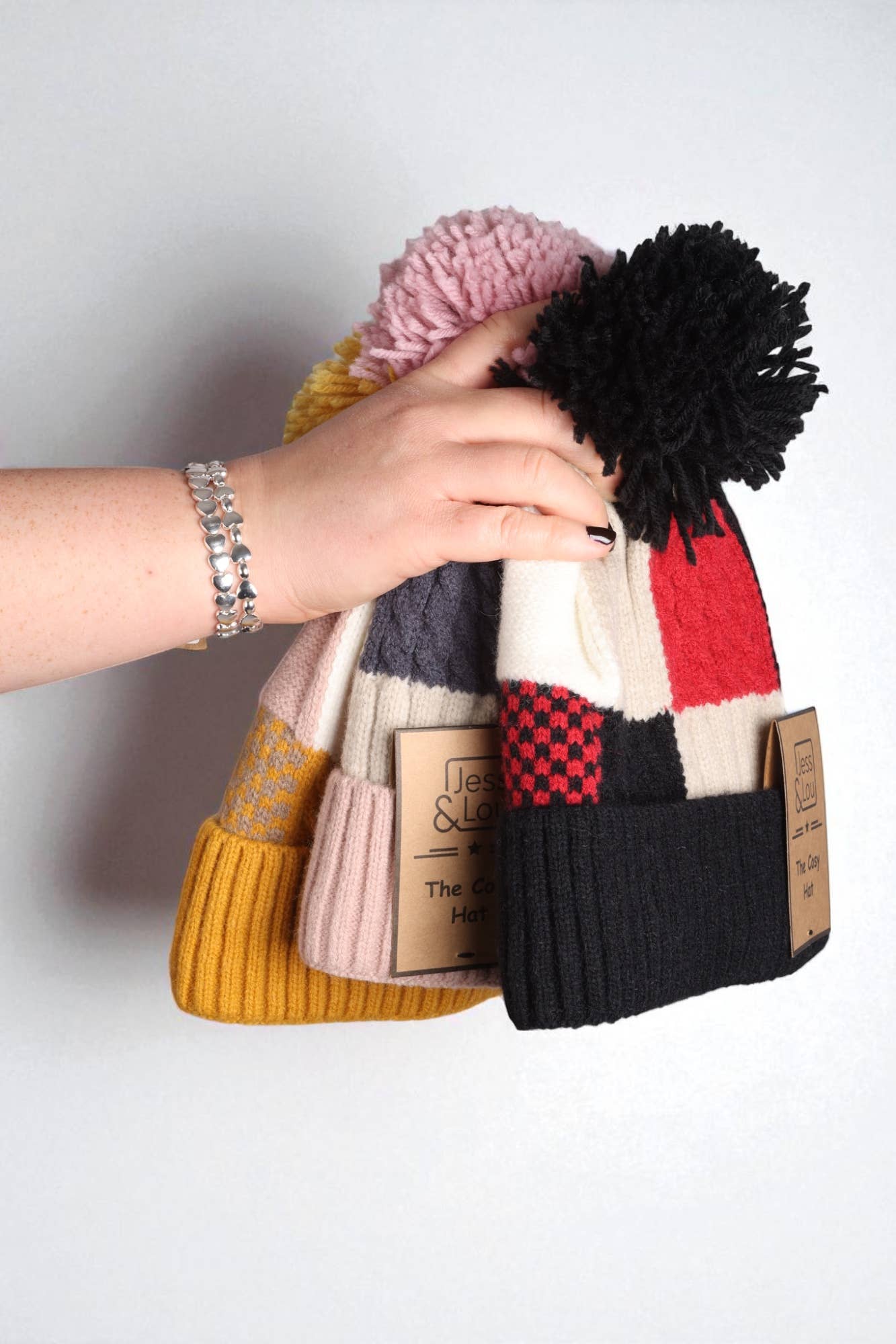 Jess & Lou - Wholesale Beanie - Women's - Gold Patchwork Unisex Cable Bobble Hat HL9221