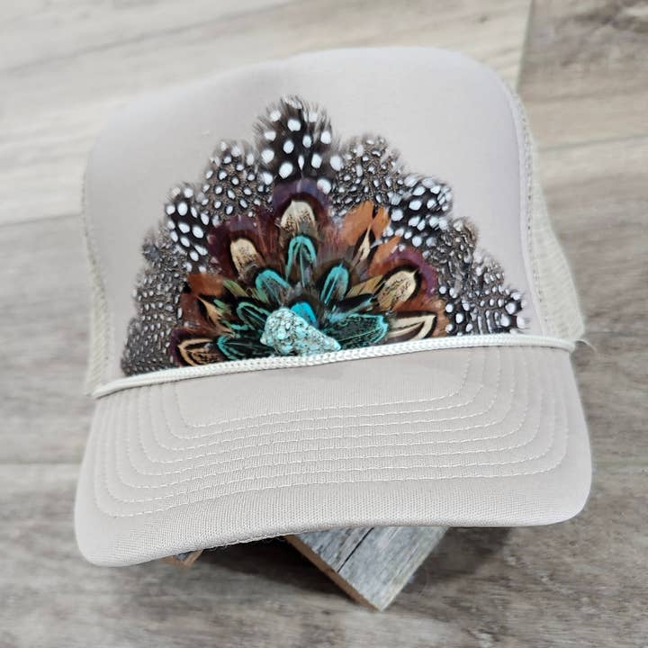 Funk Town Tees - Wholesale Trucker Hat - Women's - Feather Western Trucker Hat, Trucker Hat with feathers Khaki