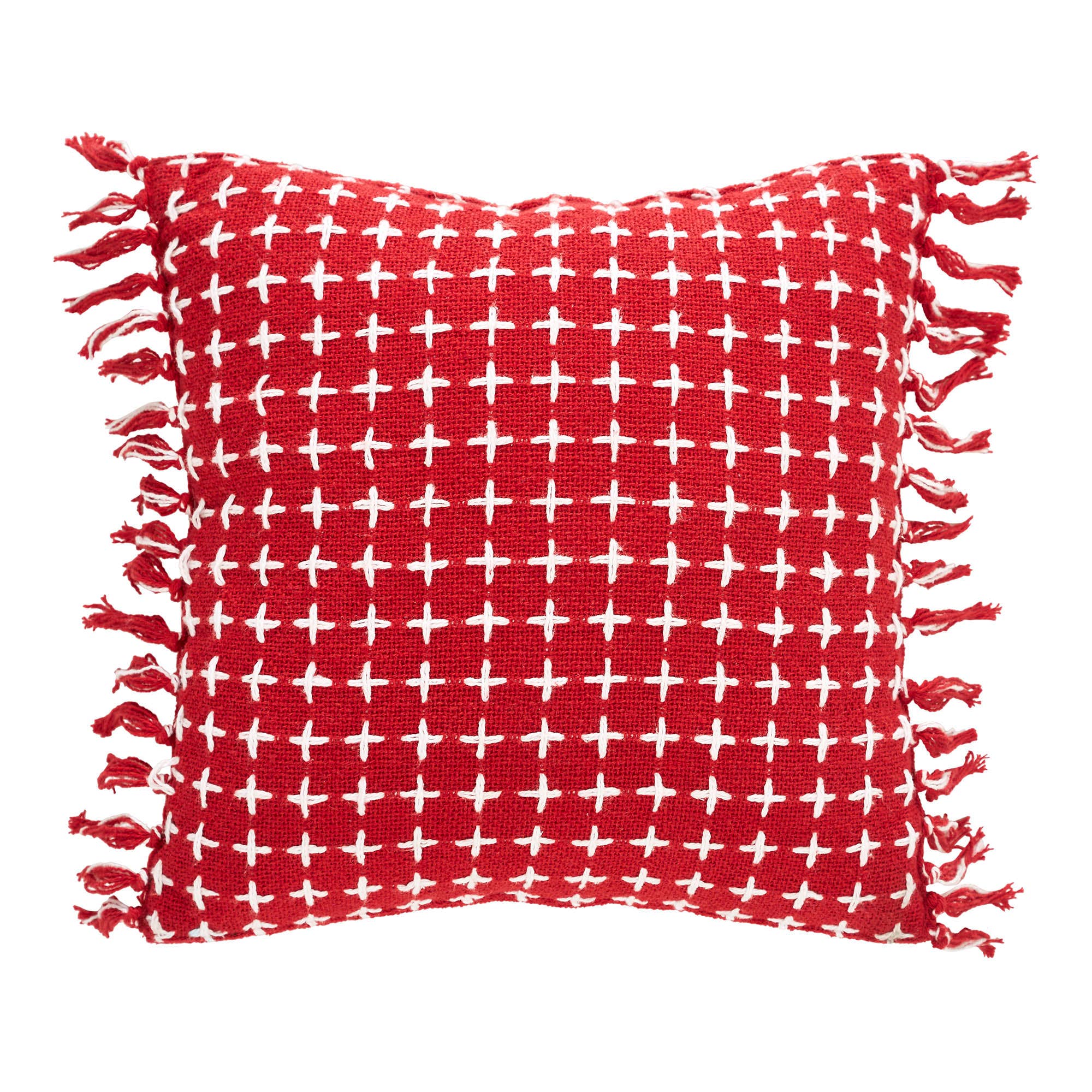 VHC Brands - Vente Coussin décoratif - Coussin rouge blanc Gallen à franges 12x121