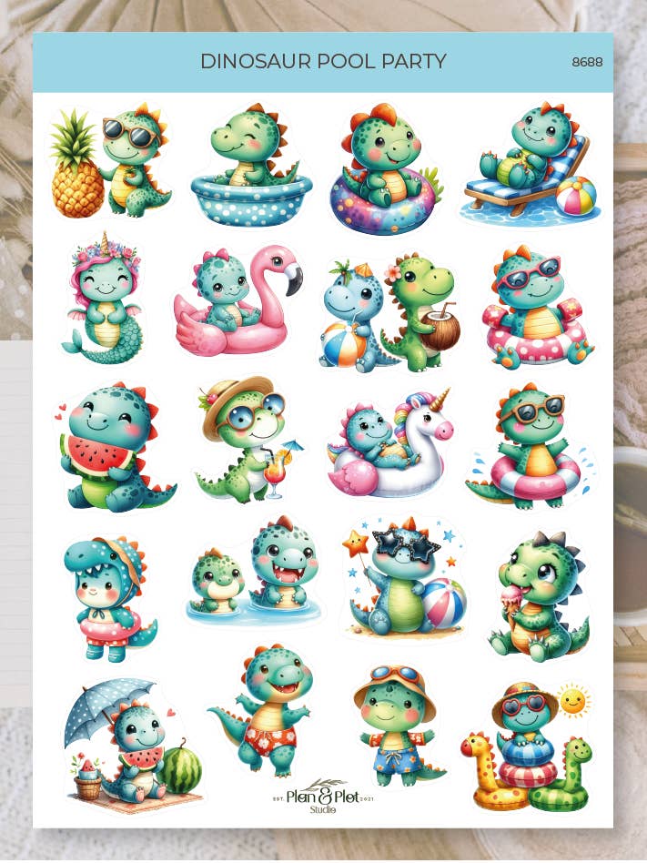 Dinosaur pool party |stickers for wholesale by Plan & Plot Studio