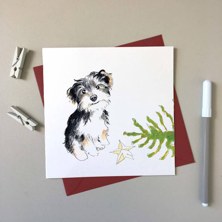 Morkie O'Malley - Biglietto natalizio disegnato a mano Top Dog per la vendita all'ingrosso da parte di SJ. Vickery Designs Ltd.