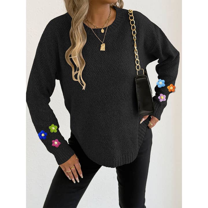 UNISHE - Wholesale Knit Sweater - Women's - Hand-Crocheted Floral Patchwork Round Neck Sweater OYM2536