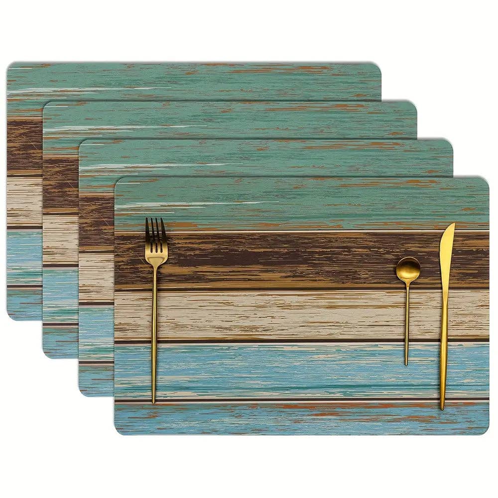 Huis Van Merken - Wholesale Placemat - Set of 4 Woven Place Mats, Blue Green Wood Grain Design0