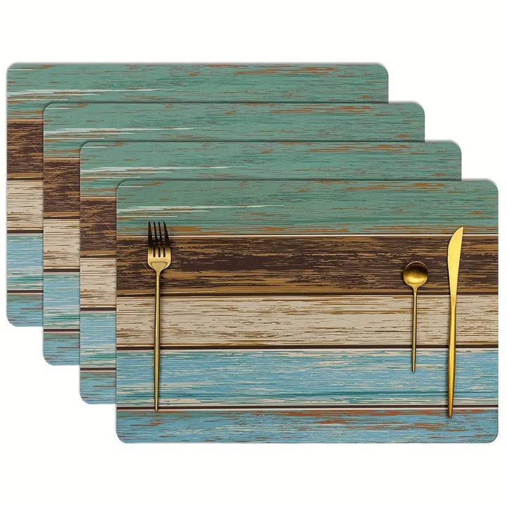 Huis Van Merken - Wholesale Placemat - Set of 4 Woven Place Mats, Blue Green Wood Grain Design