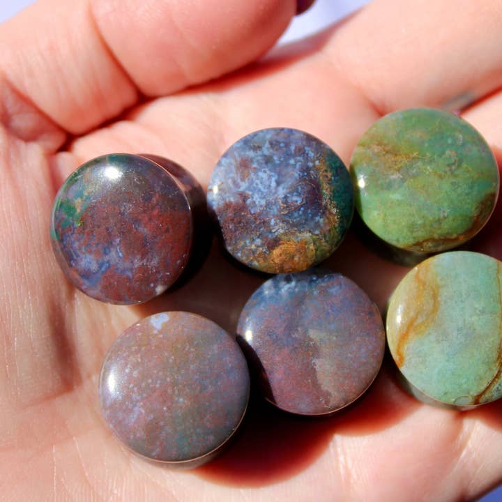 Fall Color Moss Agate Plugs, Rare Stone Ear Plugs with Reds, Greens, and Browns – Natural Double Flare PAIR 3mm-35mm for wholesale by EC Plugs and Gems