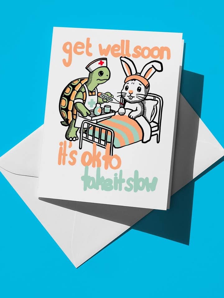 Take It Slow Card | Get Well Soon Tortoise and Hare Greeting Card for Sick Family, Friends & Kids for wholesale by semiserious studio