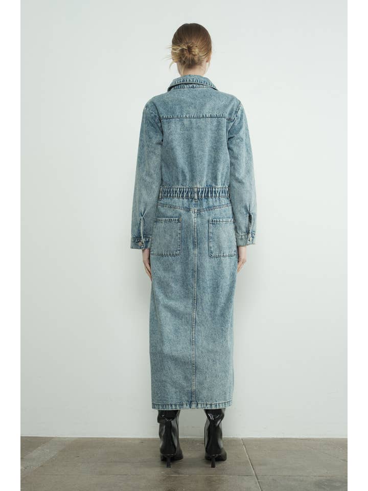 MAD2878 DENIM LAPEL COLLAR MAXI DRESS for wholesale on Faire