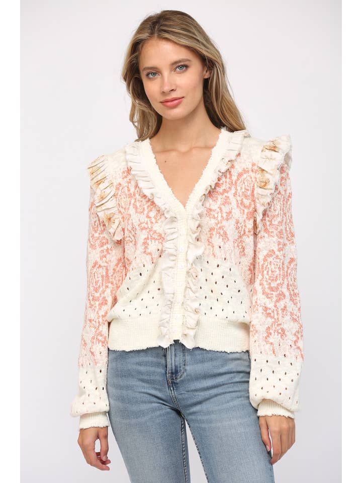 IVORY CORAL YELLOW RUFFLE TRIMMED FRONT BUTTON CLOSURE CARDIGAN FW15099 for wholesale on Faire