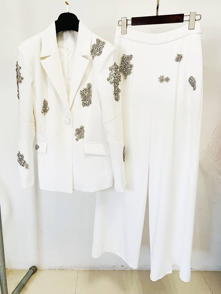White SET149 Luxe Beaded Jacket & Wide-Leg Pants Ensemble for wholesale on Faire2