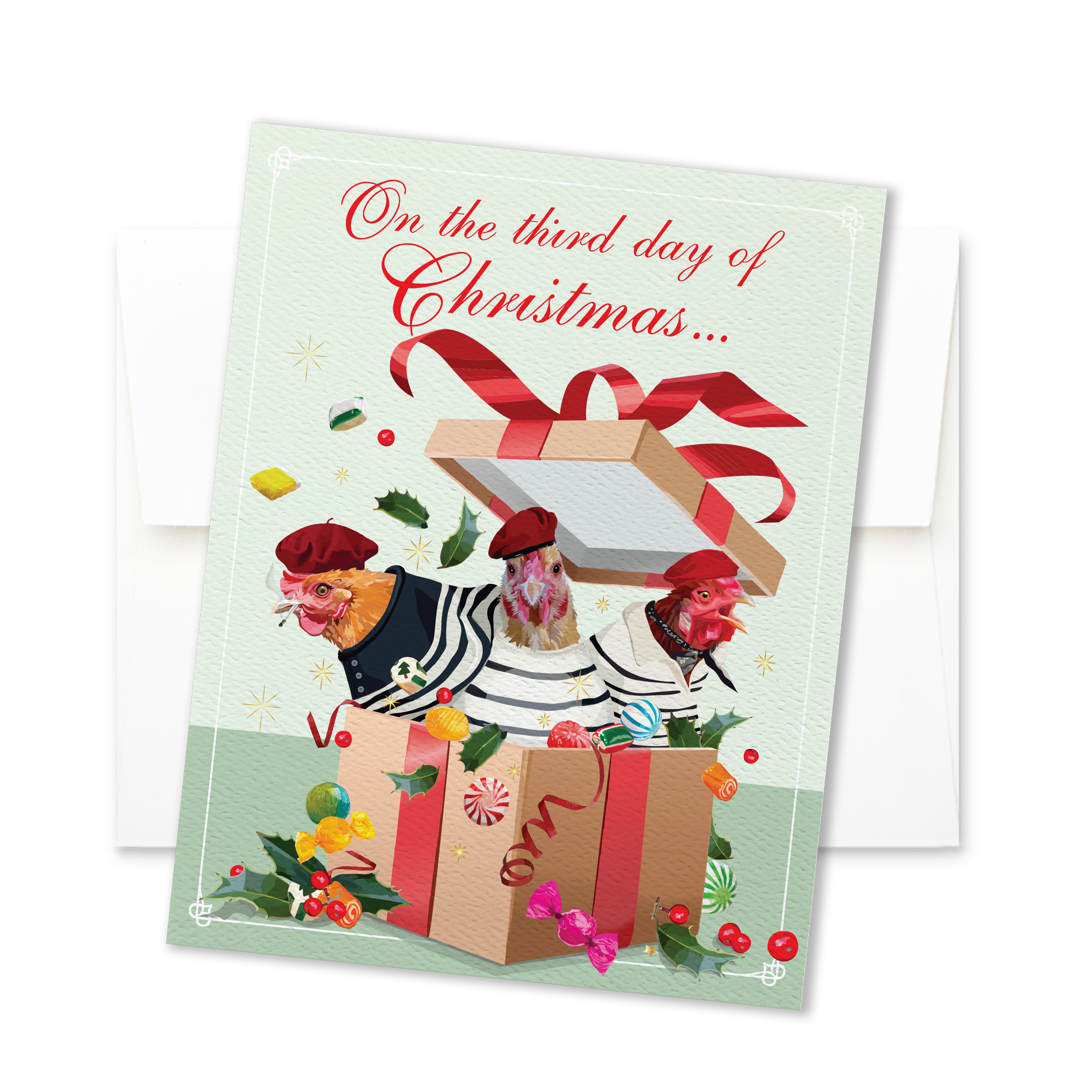 The Red Barn Press - Vendita all'ingrosso Biglietti di auguri di Natale - Biglietto di Natale | Divertente e classico con tre galline francesi1