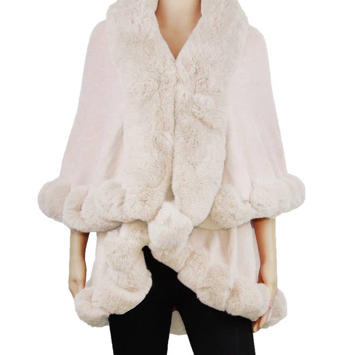 P189_Ivory Solid Color Fur Trim Shawl/Poncho with arm hole for wholesale by Jasper Trading LLC