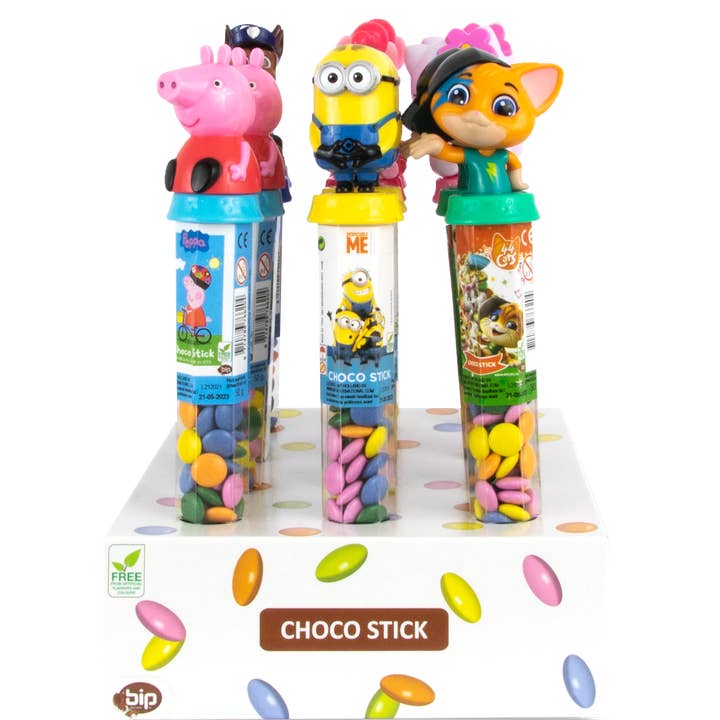 Candycat – Großhandel Süßigkeiten mit Schokoglasur – BIP - Spielzeug Süßigkeiten Stick - Lizenz Mix - 12x50g