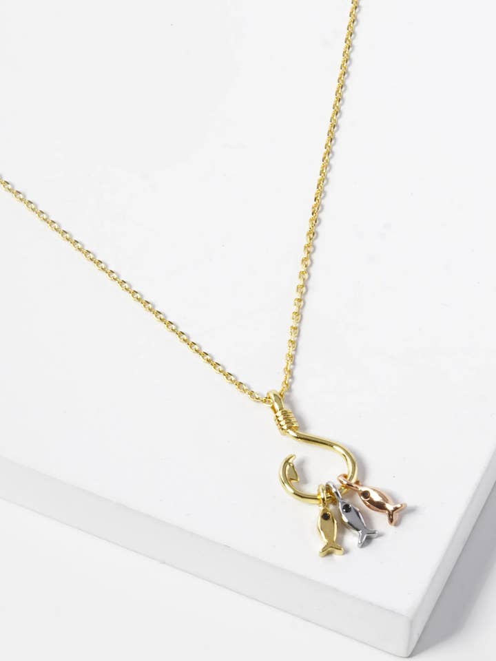 18K Gold Dipped Three Fish With A Hook Pendant Necklace for wholesale by Wild Honey