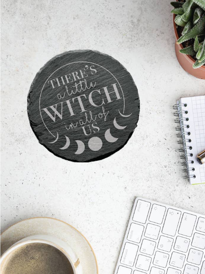 "A little witch" Engraved Slate Drink Kitchen Coaster for wholesale by Three Witches Tea Shop