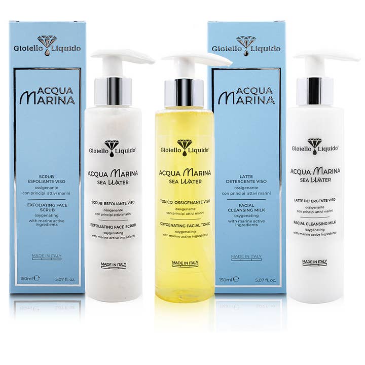 EXFOLIANTE + TÓNICO + LECHE LIMPIADORA FACIAL "AGUA MARINA" para venta al por mayor de Gioiello Liquido