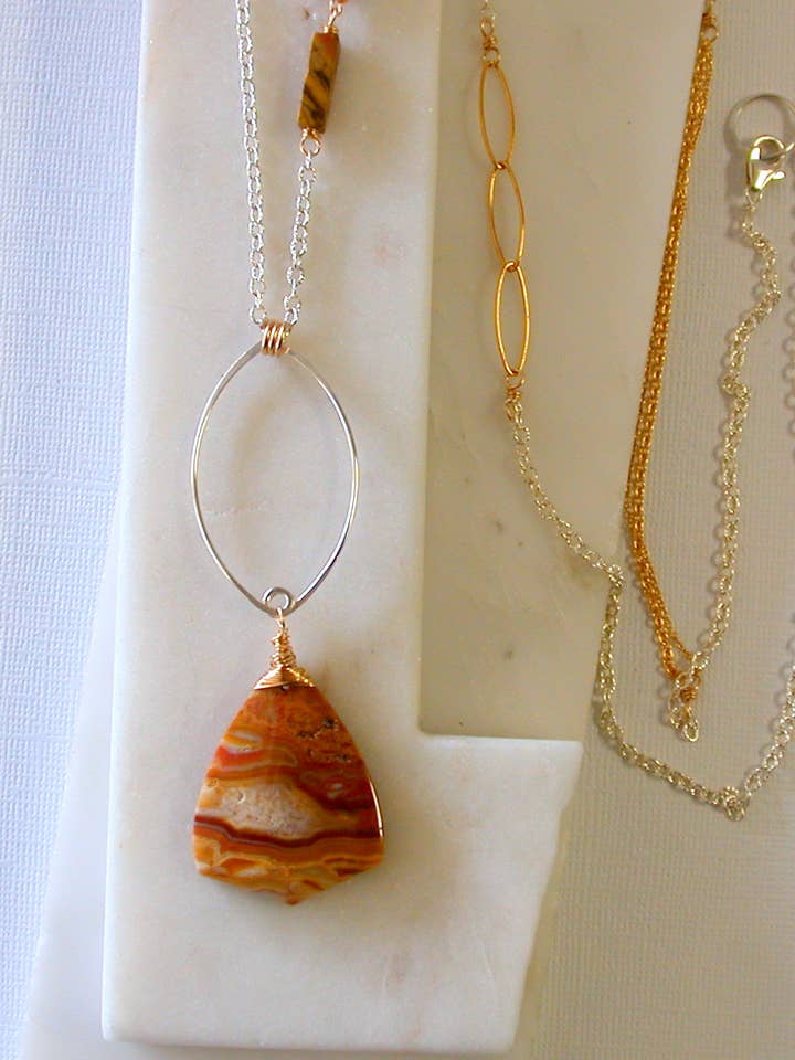 OOAK Statement Mixed Metal Necklace. Crazy Lace Agate. for wholesale by Linda Trent Jewelry