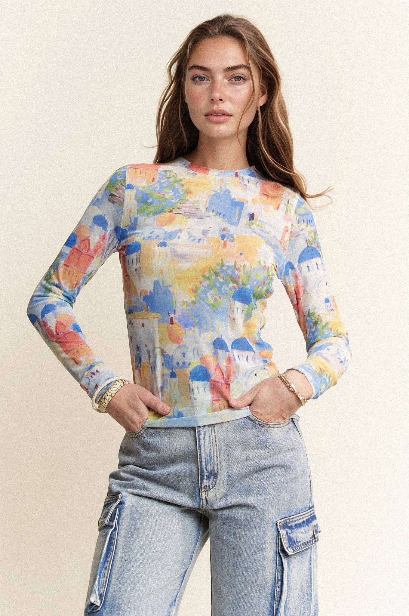 Davi & Dani – wholesale Knit top – Women's – MULTI PRINTED MESH ROUND NECK LONG SLEEVE TOP11