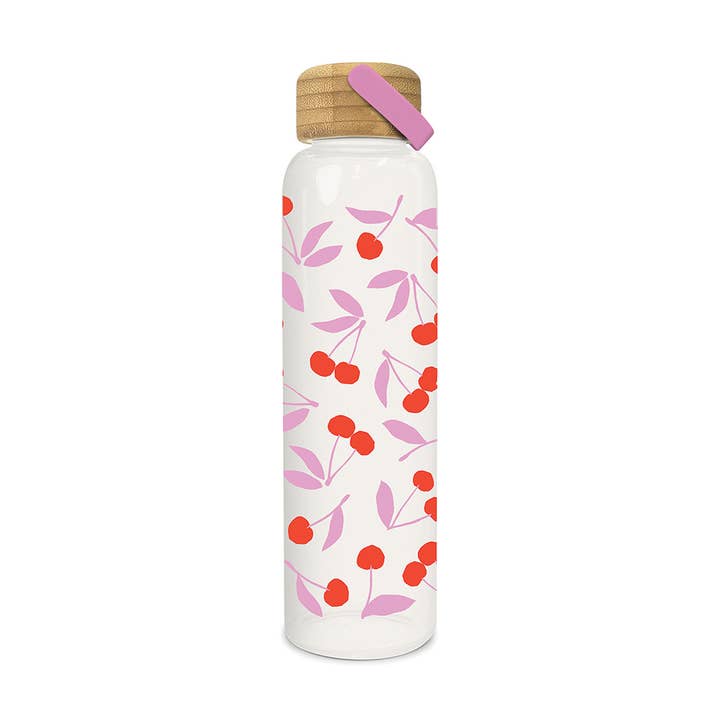 Studio Oh! - Wholesale Water Bottle - Cherry Sweet Glass Water Bottle with Bamboo Lid