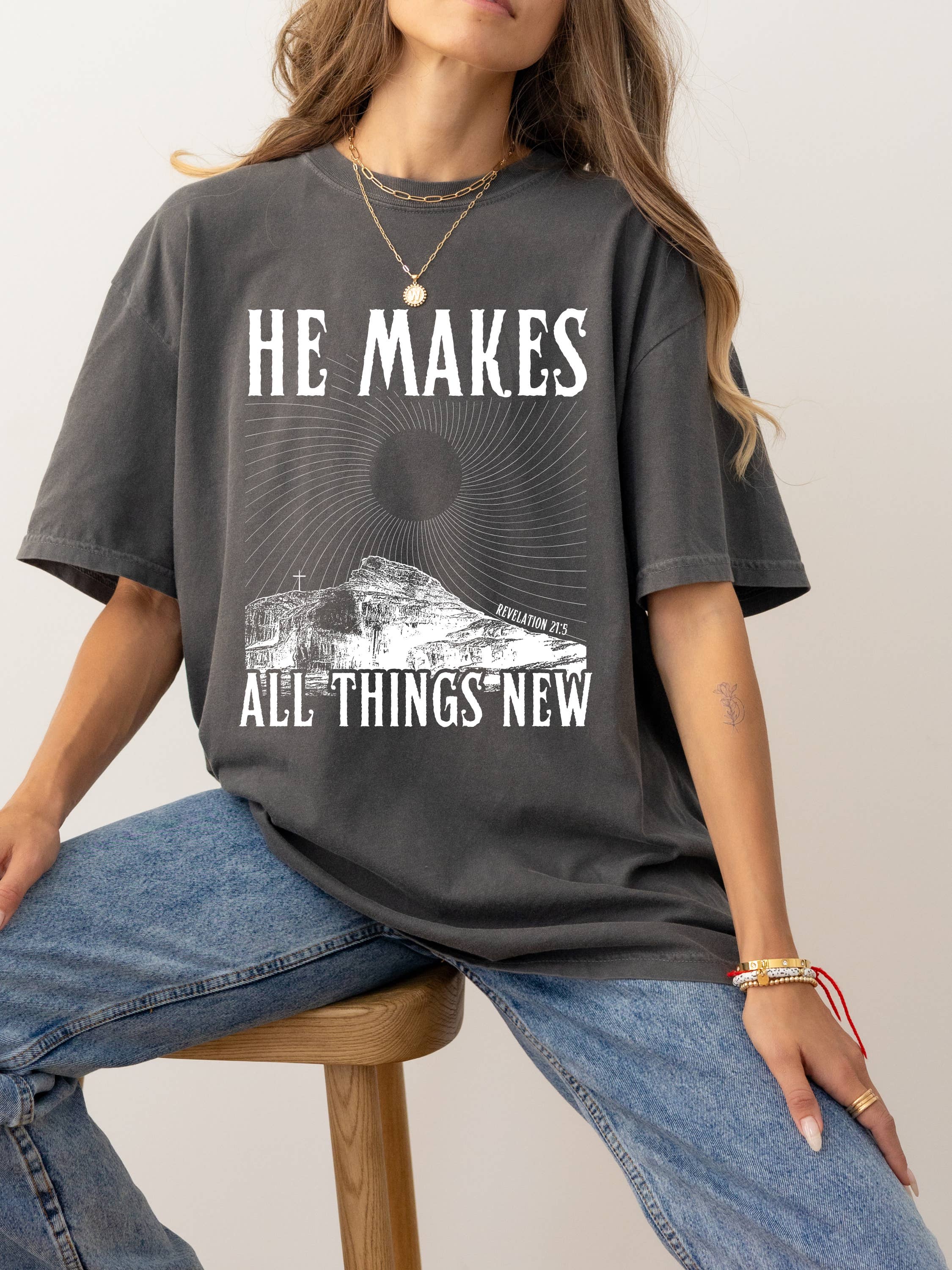 Comfort Colors Pepper He Makes All Things New | Christian Printed T-Shirt for wholesale on Faire