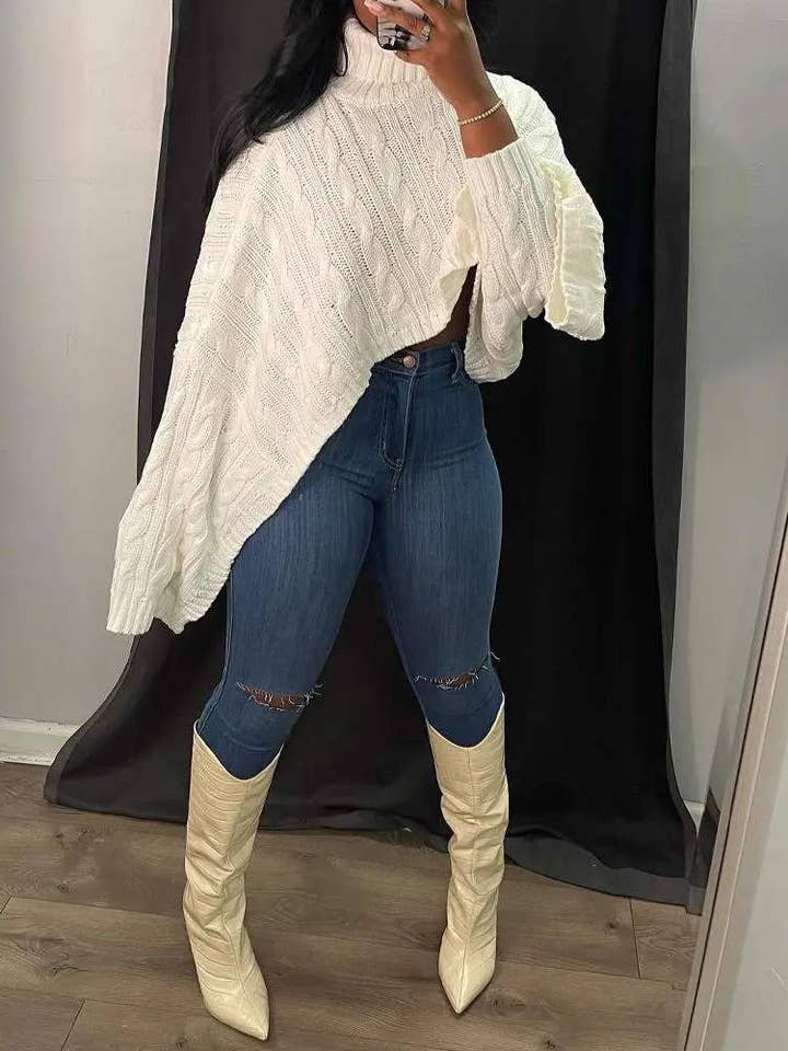 Flarix - Wholesale Knit Sweater - Women's - high low hem turtleneck cable knit sweater
